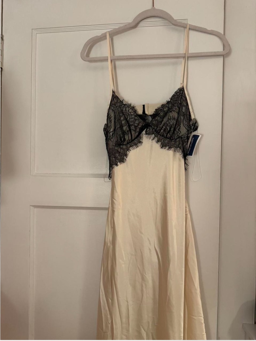 Viral ivory satin maxi with black lace and open draped back